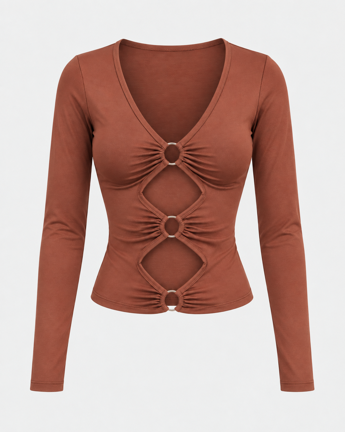 Top Aura-feminino manga longa com detalhes em argolas frontais